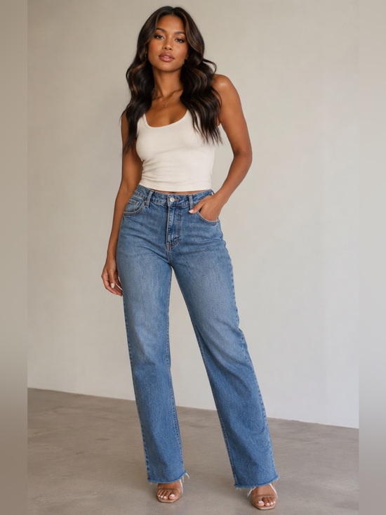 Free People Denim - Free People Raw Hem Straight Leg Jeans Light Wash Denim